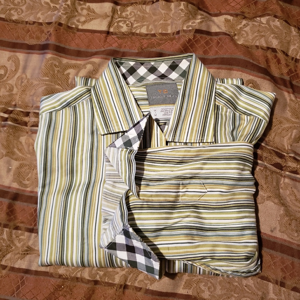 Thomas Dean Mens M Green & White Stripe Shirt